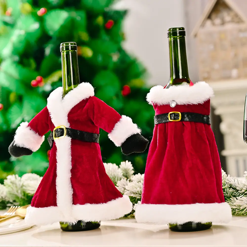 Conjunto de garrafa de vinho natalina, conjunto de garrafas de vinho de natal, vestido de veludo dourado, capa de garrafa de vinho, manga de sacola, decoração de mesa, natal, ano novo