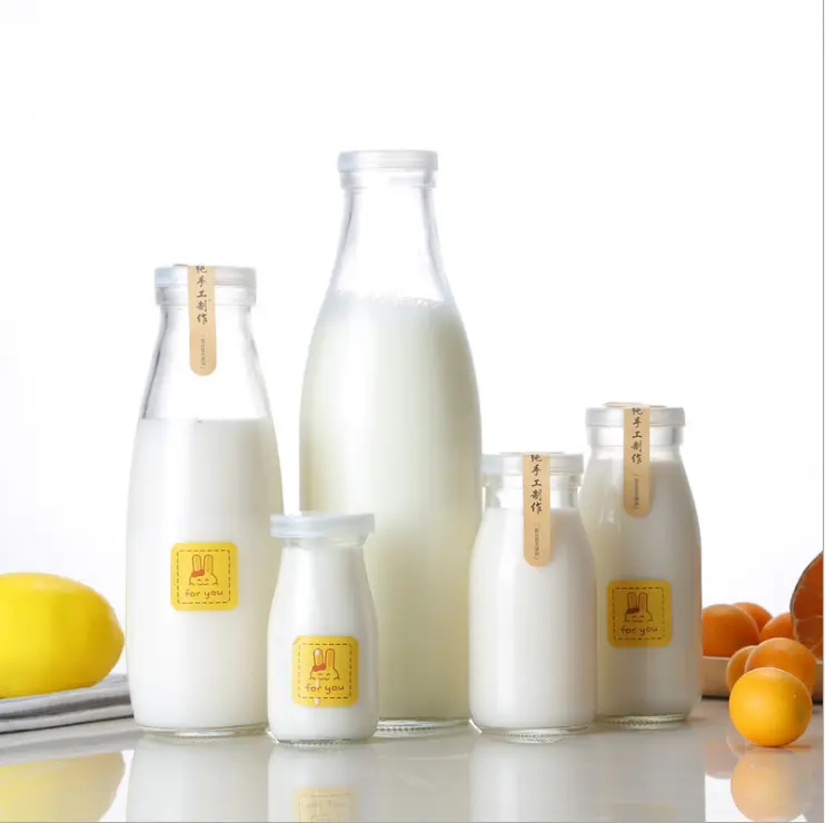 Botella de cristal para bebidas, diseño personalizado, para leche fresca, con tapa, 200ml, 250ml, 500ml, 1000ml