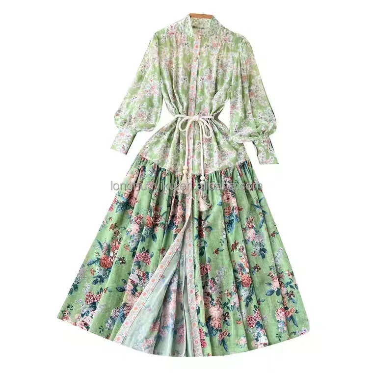 ウエストバンドラウンドネックと蓮の葉の妖精Aラインスカートを備えたヨーロッパとアメリカのレトロなコートスタイルのドレスの卸売