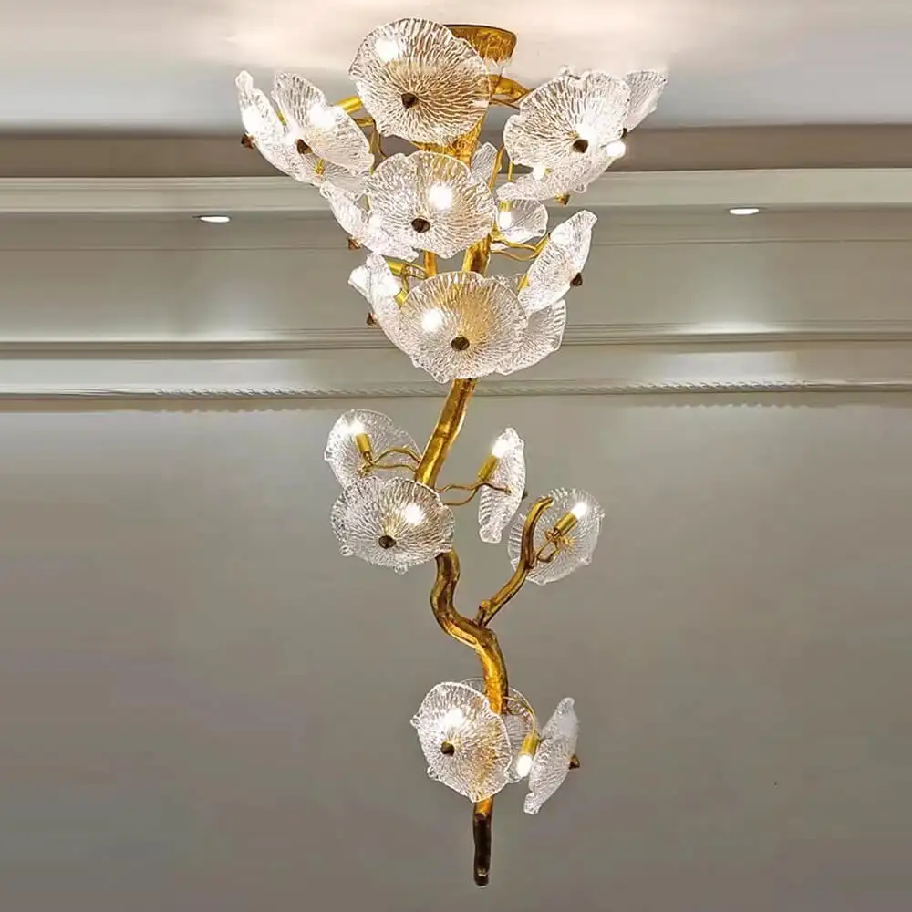 사용자 정의 현대 장식 빌라 호텔 로비 고급 유리 크리스탈 천장 Led 높은 천장에 대한 연꽃 잎 현대 샹들리에