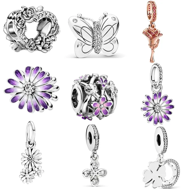 925 fiori di rosa in argento Sterling viola margherita quadrifoglio fiore perline portafortuna marca originale braccialetto di fascino gioielli da te