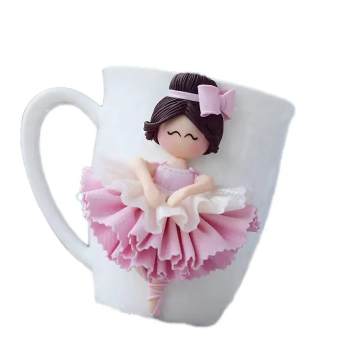 Nieuwigheid Leuke Meisje Decoratie 3D Polymeer Klei Keramische Gift Koffie Mok Voor Verjaardagscadeau