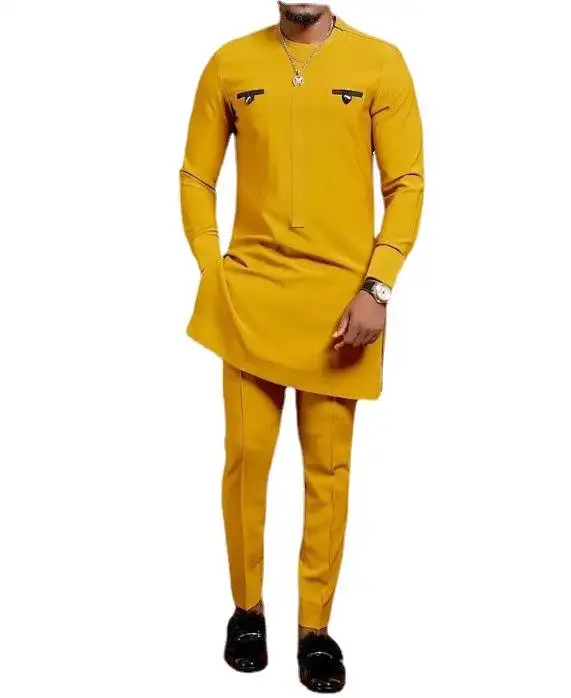 Yellow men's sets Wedding Party Clothing for Men Outfit Robe Traditional Muslim Men Suit Versatile Shirt and Pants 2 piece set