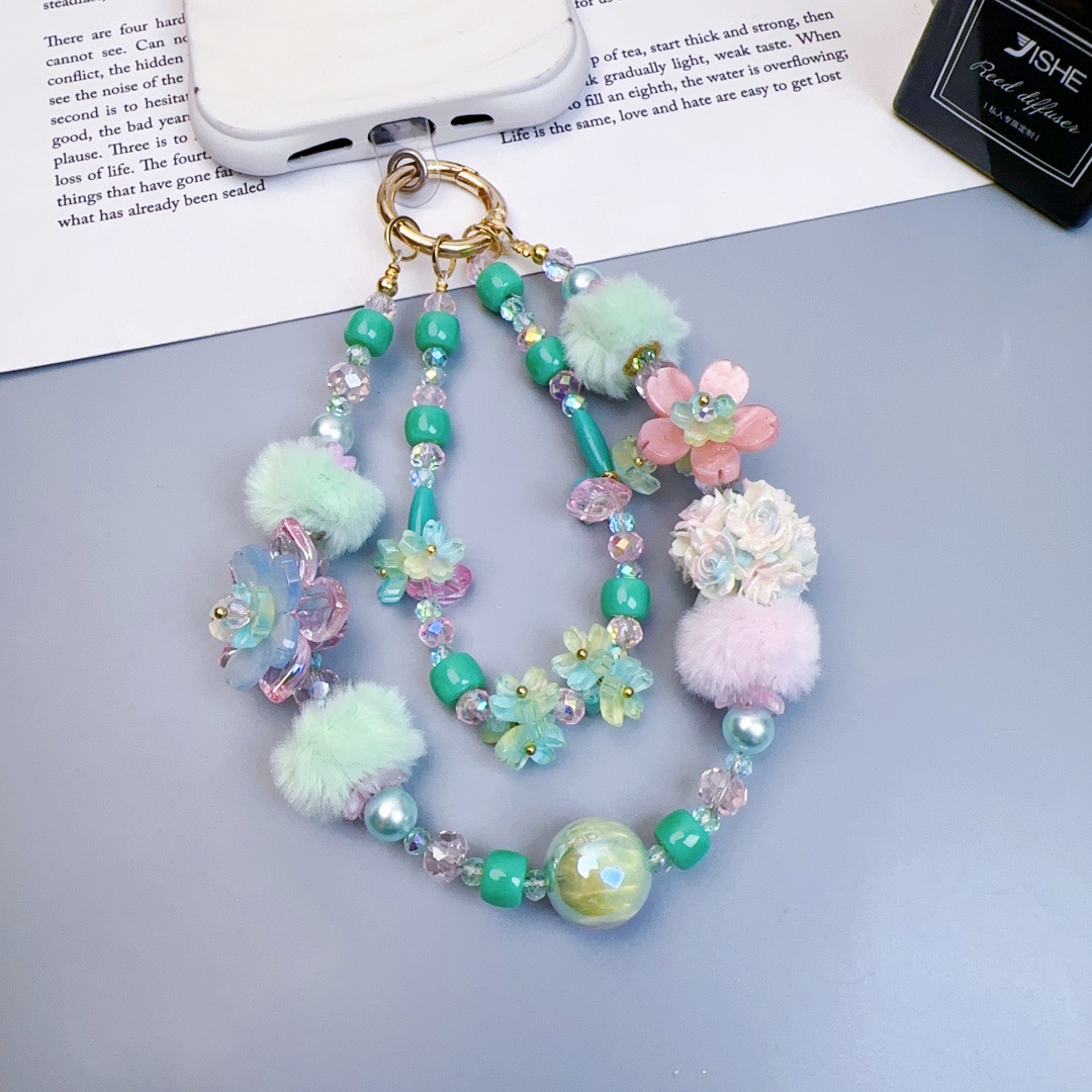 Chaîne courte pour téléphone avec boule de fleur lumineuse, vert industriel.