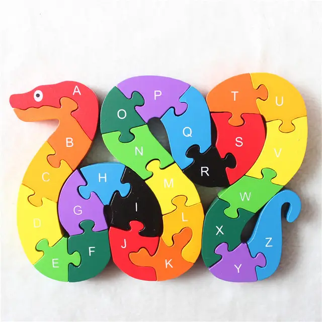 TS Kinder hölzernes 3d-Tier-Puzzle Schlange Alphabet-Zahl-Bausteine Kinder Montessori-Abgleichs-Spiel
