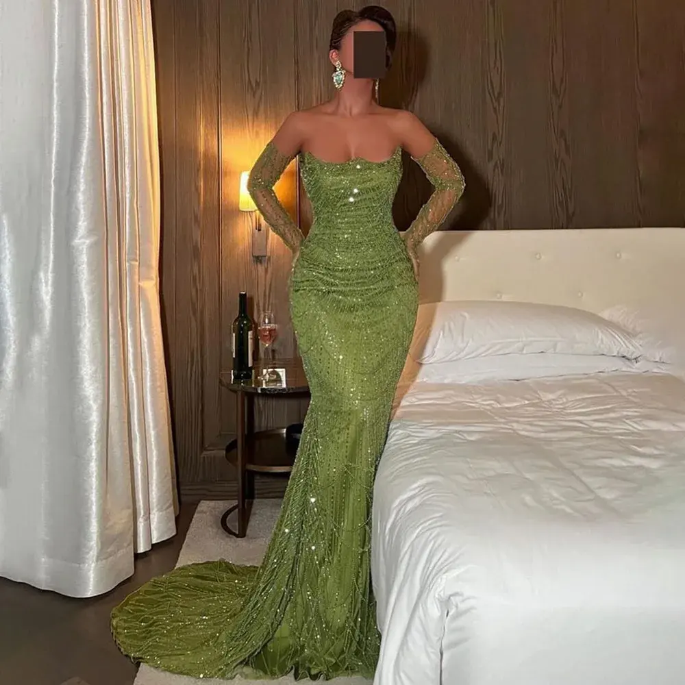 Grüne trägerlose Meerjungfrau Abendkleider 2024 Serene Hill LA72352 formelle Partykleider mit Handschuh für Damen