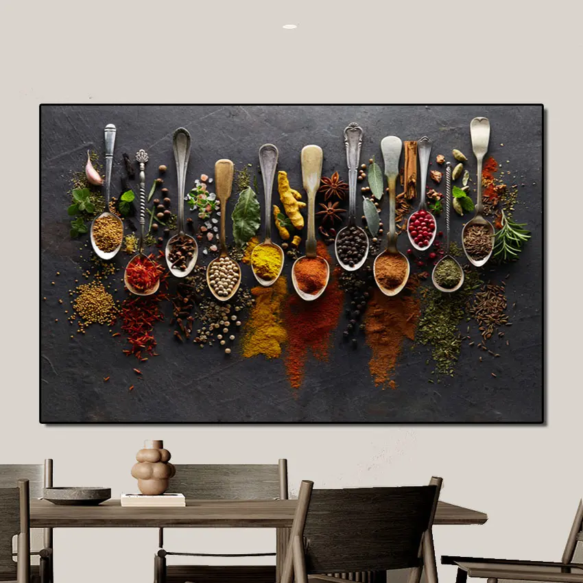 בית אמנות דקור דגנים תבלינים כפית פלפלים בד ציור מטבח קישוט כרזות הדפסי עבור אוכל חדר קיר אמנות תמונות