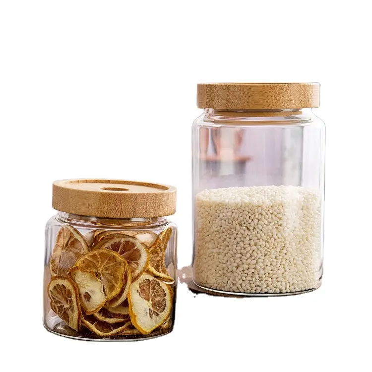 Frasco de almacenamiento de vidrio hermético con tapa de madera Frutos secos de cocina Granos de alimentos Frascos de vidrio de almacenamiento
