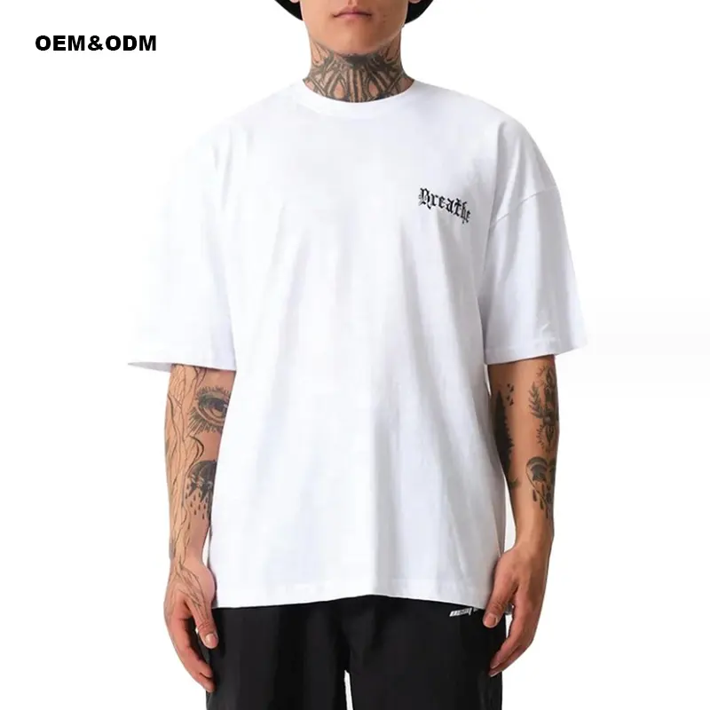 DTG kualitas tinggi Puff cetak Streetwear kelas berat Vintage kaus katun untuk pria kustom rajutan ukuran besar Tee dengan O-Neck