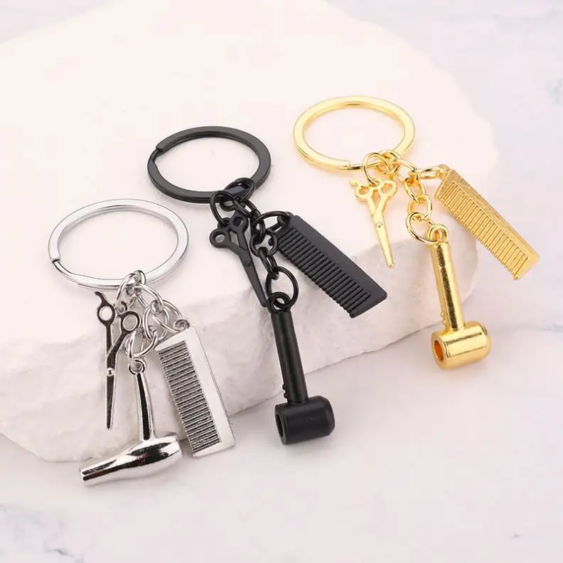 wholesale New Hairstylist Keychain Hair Salon KeyRing Hair Dryer Scissors Comb Key Chain Hairdresser Gifts For Women DIY Jewelry