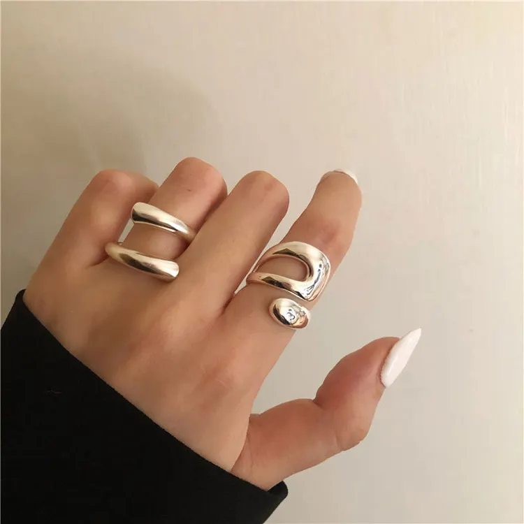 Anillo de Plata de Ley 925 con diseño geométrico para mujer, sortija abierta, diseño minimalista Irregular, creativo, curvo, galvanoplastia