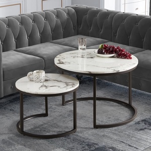 Contemporary Round Nesting Bent Black Gold Metal Side Glass Marble Stone Mdf Wood Coffee <strong>Table</strong> Nest of <strong>3</strong> <strong>Table</strong> <strong>Set</strong> Nesting <strong>Table</strong> - Product Image 2