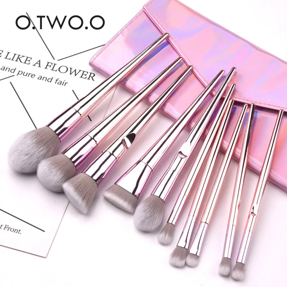 O.TW O.O-Juego de brochas de maquillaje, 10 brochas de maquillaje de aluminio, oro rosa, con bolsa de cosméticos