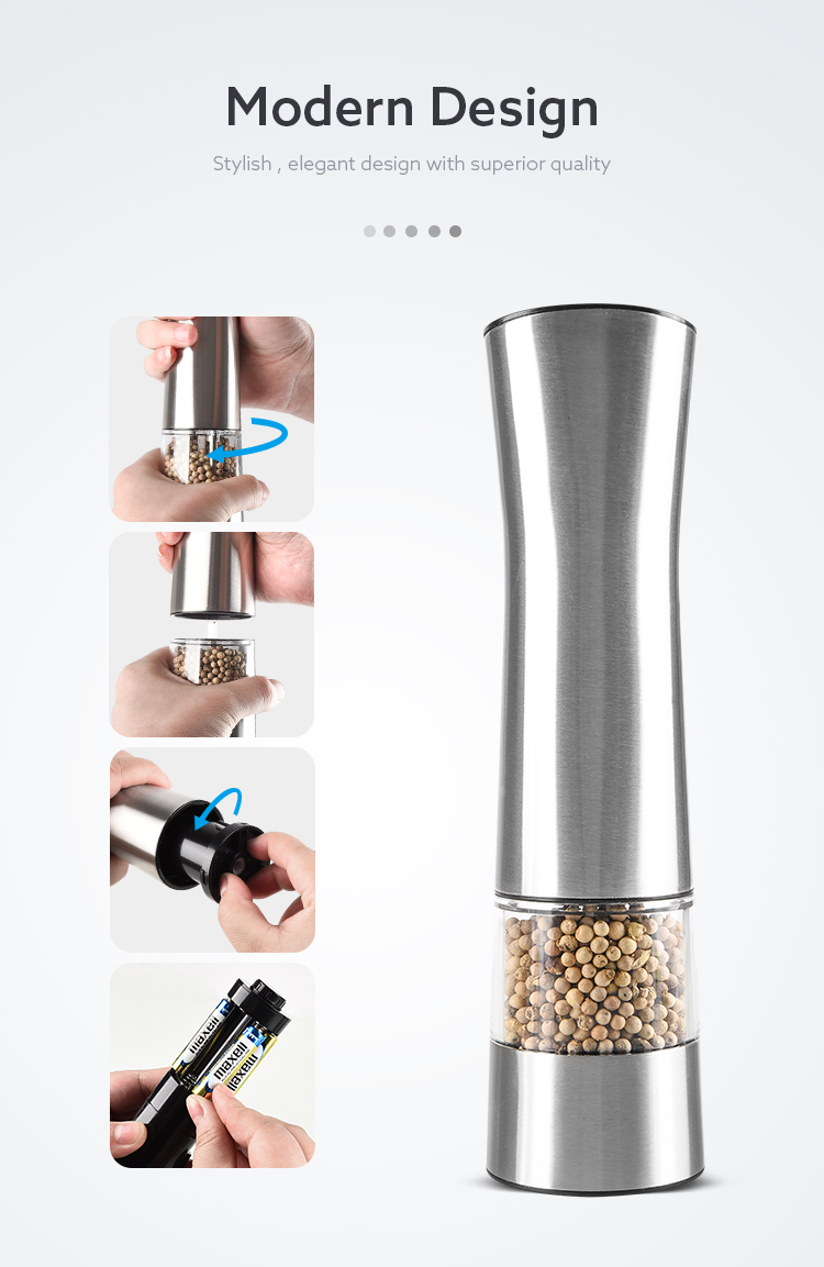 6 AAA batteries operated stainless steel electric pepper grinder salt mill with white LED light and adjuster