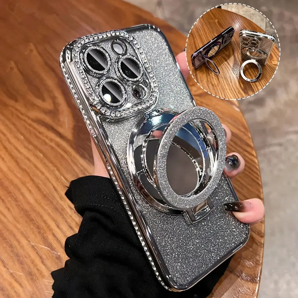 Espejo de diamante brillante chapado a prueba de golpes de lujo con soporte magnético funda de teléfono móvil para iPhone 15 14 Plus 13 12 11 Pro Max