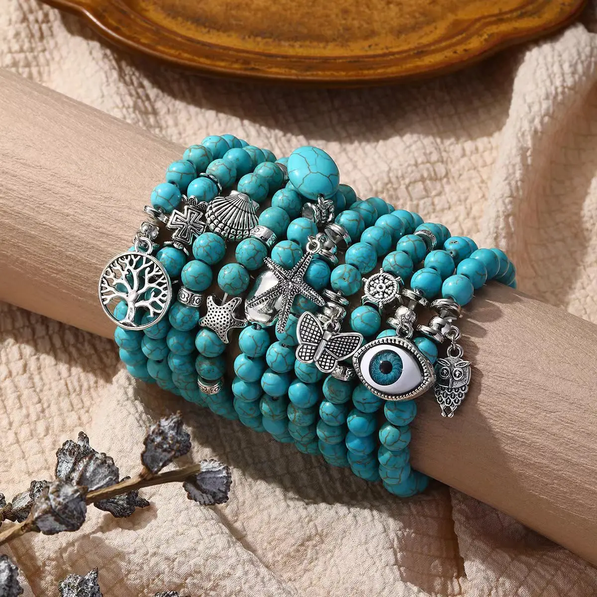 Nieuwe Trendy Bohemian Turquoise Armband Armband Natuursteen Kralen Armband Met Vlinderschildpad Leven Boom Kruis Bedels