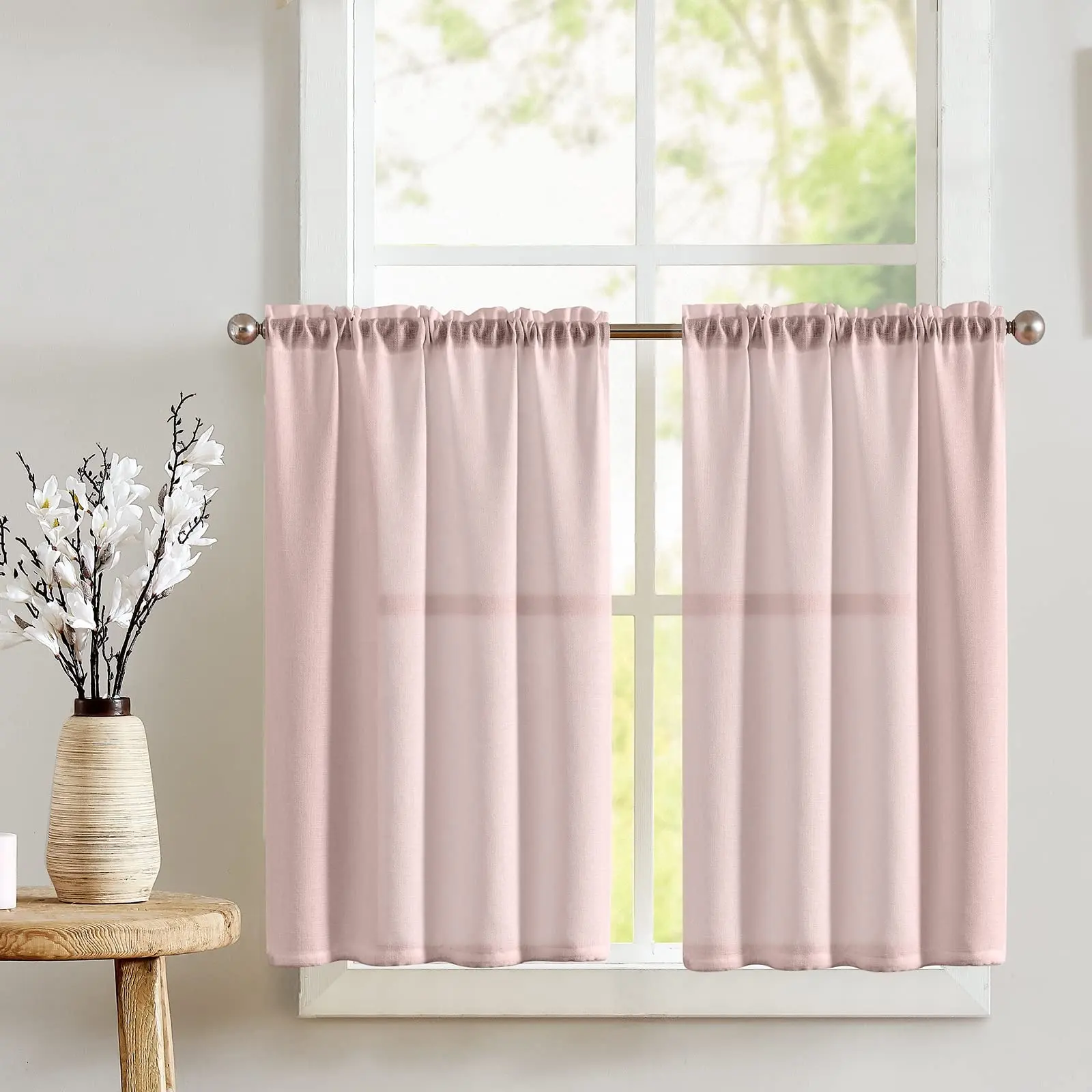 Bindi 36 pulgadas de longitud Cafe Pink Faux Lino Semi Sheer Cortinas Farmhouse Cortinas cortas rústicas para la cocina