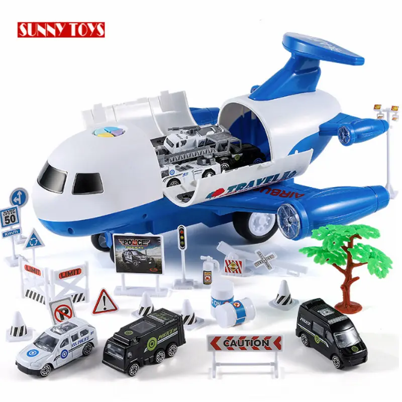 Carros de brinquedo para crianças, atacado personalizado, transporte de plástico, avião, som, luz, fricção, carros de brinquedo, com carros de brinquedo, dentro