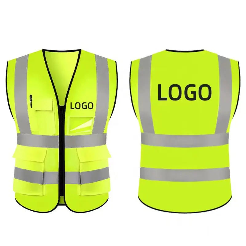 Chaleco reflectante de construcción fluorescente de alta calidad, correa para chaqueta, ropa de seguridad, señal de giro, chaleco reflectante con LOGOTIPO personalizado