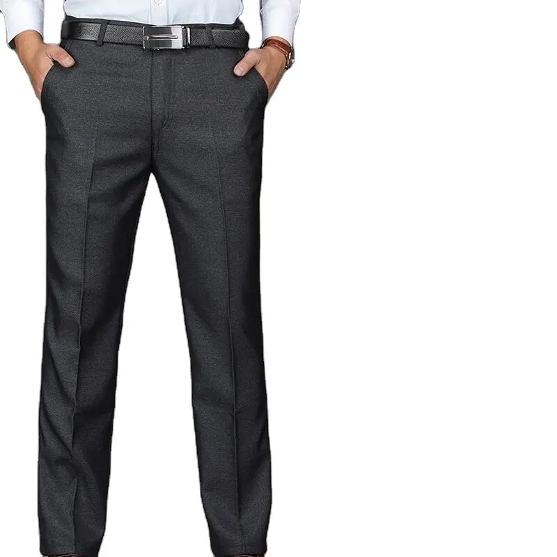 Calça casual masculina de cintura alta, calça longa formal reta para adultos, cor sólida, design plano, para homens de negócios