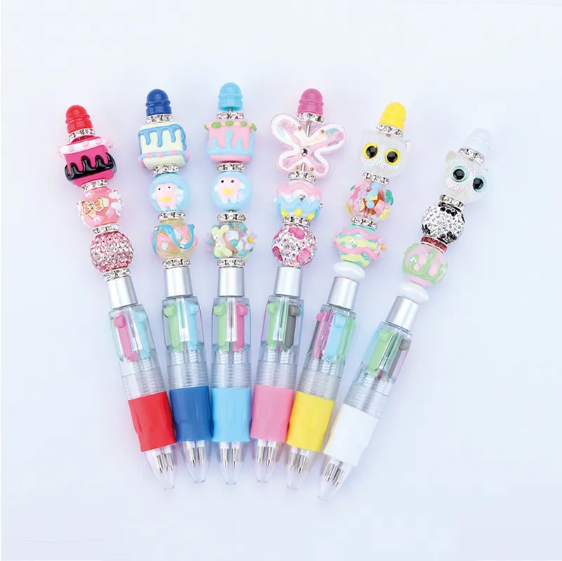 Stylo à billes à quatre couleurs personnalisé DIY, bijoux créatifs fantaisie, puzzle mignon, stylo à bille en plastique transparent pour usage professionnel