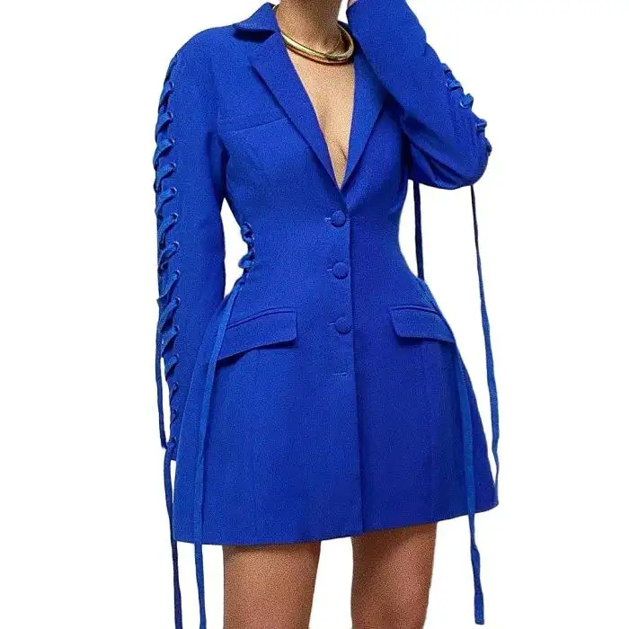 Hoge Kwaliteit Vrouwelijke Vlakte Blauw Single-Breasted Lace Up Elegante Blazer Jurk Mode Blazers Dames Vrouwen