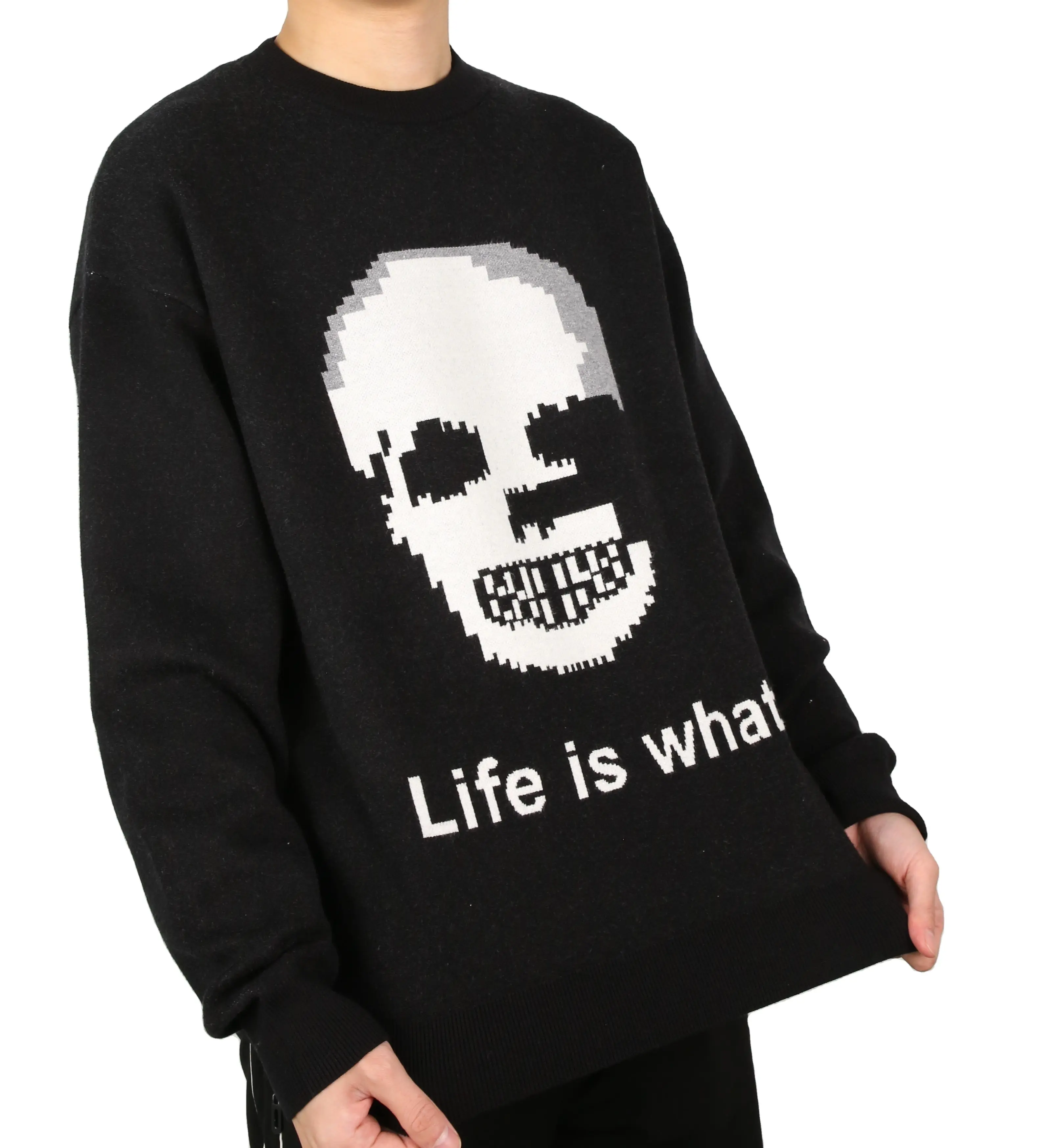 Personalizar Unisex Skull Graphic Casual Crewneck Knitwear Jacquard Cotton Pullover Knit Sweater para hombres