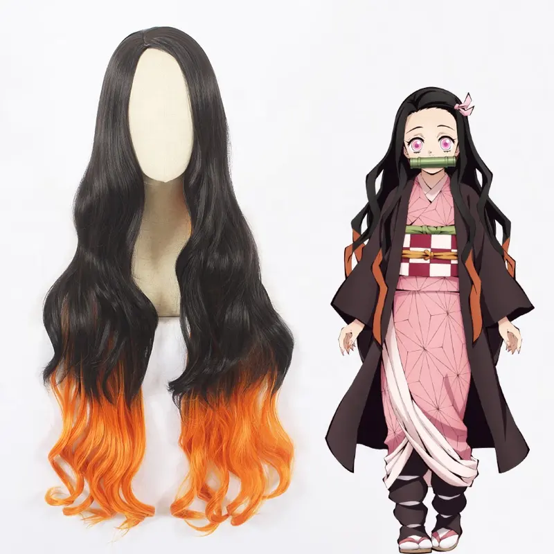 Commercio all'ingrosso 100cm lungo riccio nero e arancione misto Demon Slayer Kamado Nezuko parrucca sintetica Anime Cosplay parrucche
