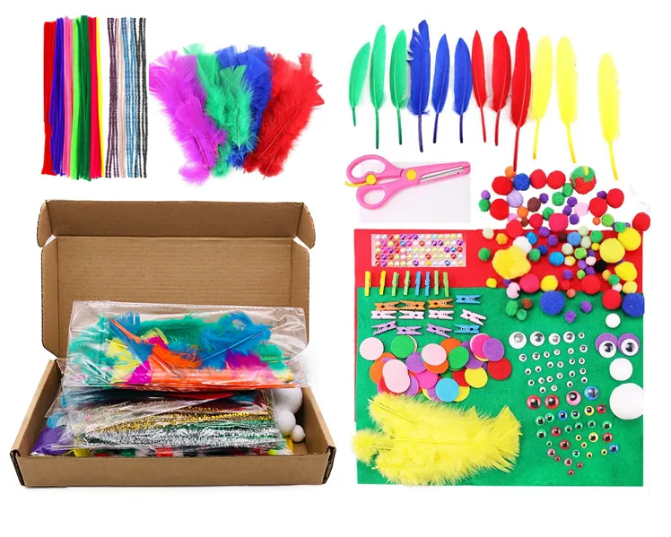 Set di artigianato d'arte fai-da-te forniture per bambini kit di forniture per artigianato scovolini-feltro colorato-pompon Poms-piuma