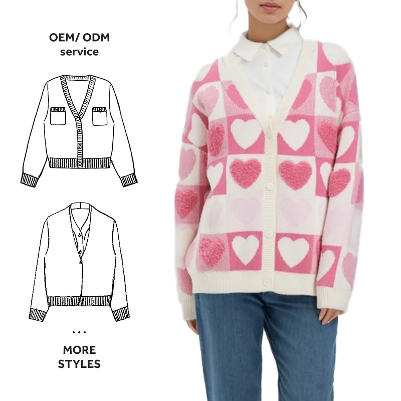 Pull en laine femmes nouveau doux cireux belle lâche coeur plaid doux vent cardigan haut tricoté