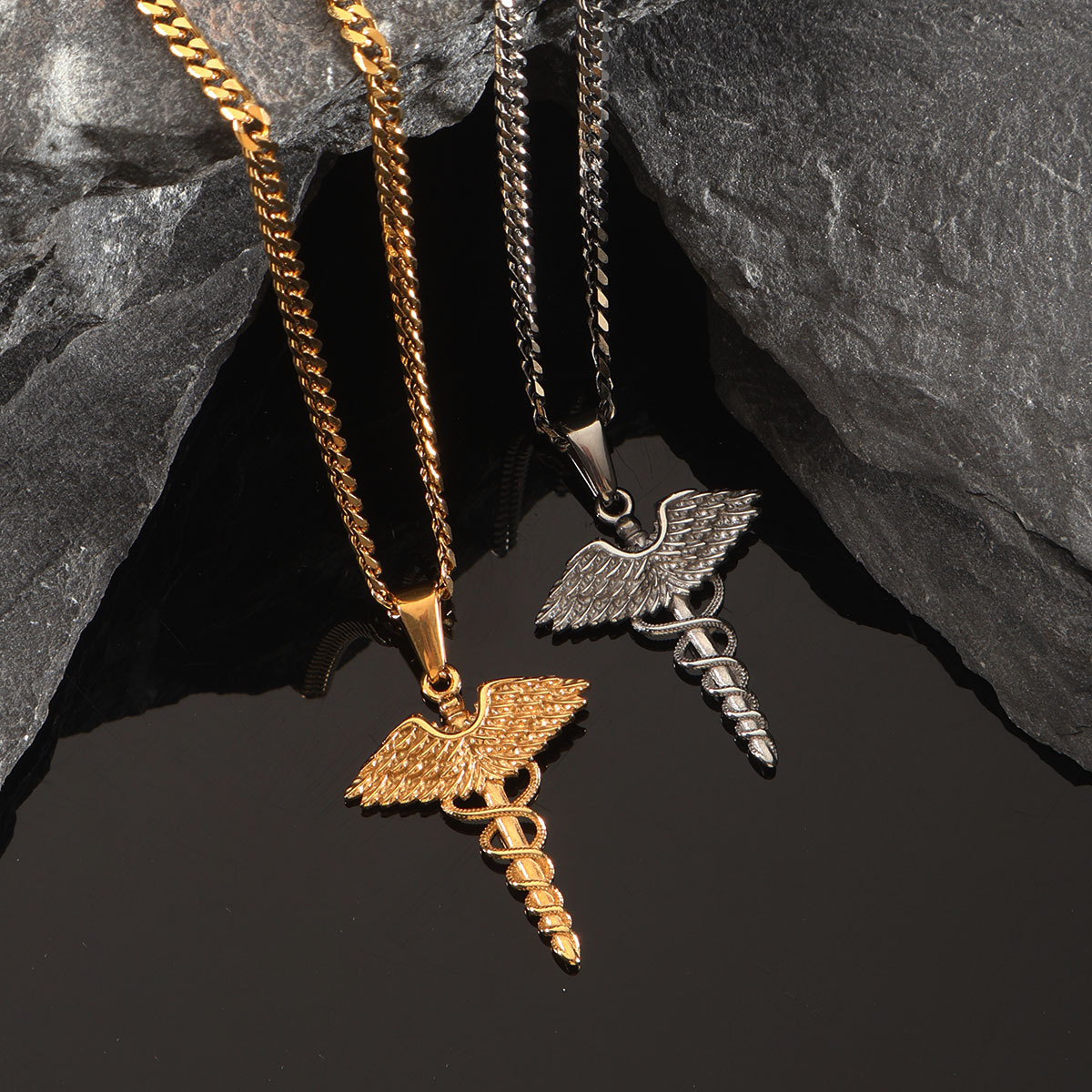 Pendentif Caducée Double Serpent avec Chaîne Cubaine