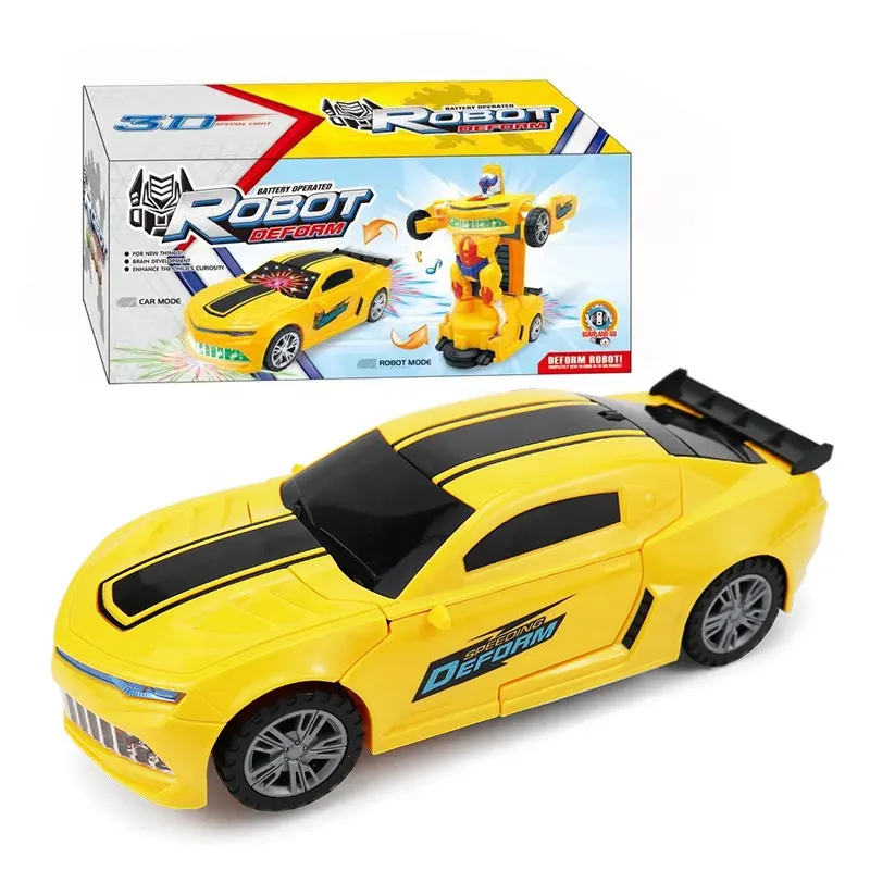 Battery Operated Transform Car One Button Plastic Deformation Robot Car Toy with Cool Lights Universal Robotic Car for Kids