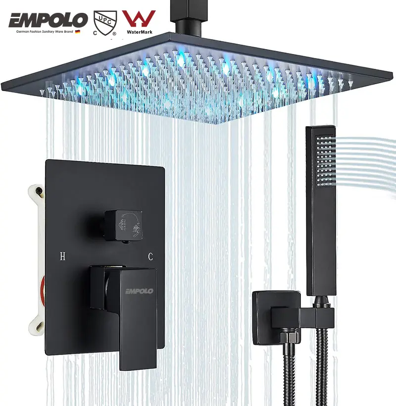 Empolo-Juego de ducha LED de montaje en pared para hotel, mezclador de ducha de lujo de latón negro de 12 pulgadas, sistema de baño de lluvia oculto