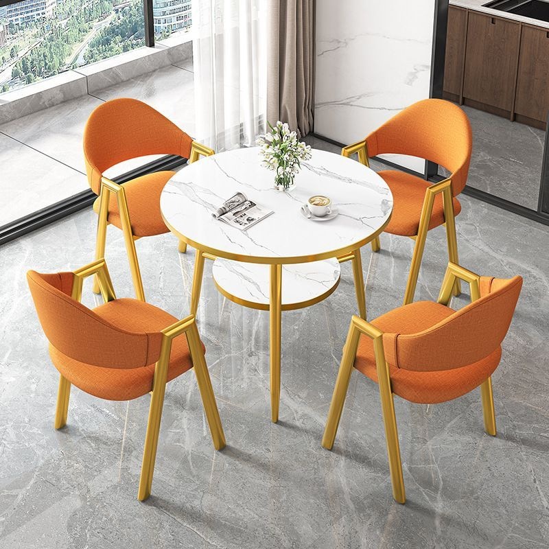 Round table + 4 orange fabric chairs-gold legs