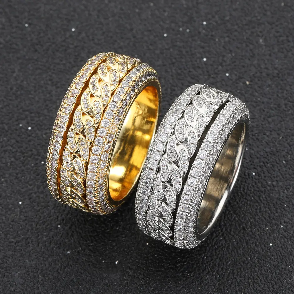 เครื่องประดับฮิปฮอปอเมริกาแหวนเพชรสองแถวสำหรับผู้ชายแหวนทอง18K แฟชั่นอินเทรนด์แบรนด์ทันสมัย