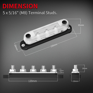 12-48VDC 5 X M8 <strong>Busbar</strong> 150A Terminals Bus Bar Copper Power Distribution Terminal Blocks with Cover for Car Boat - Product Image 3
