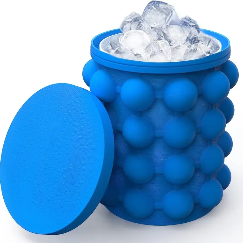 Best Seller Ice Cube Mold Bandejas Grande balde de gelo de silicone (2 em 1) Ice Cube Maker Round Portable (azul escuro)