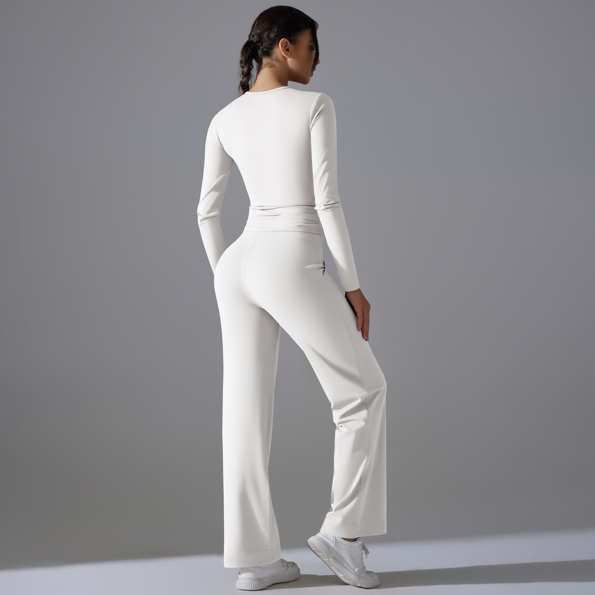 6662 Long Sleeve + 6622 Drawstring Wide Leg Pants - White and Gray