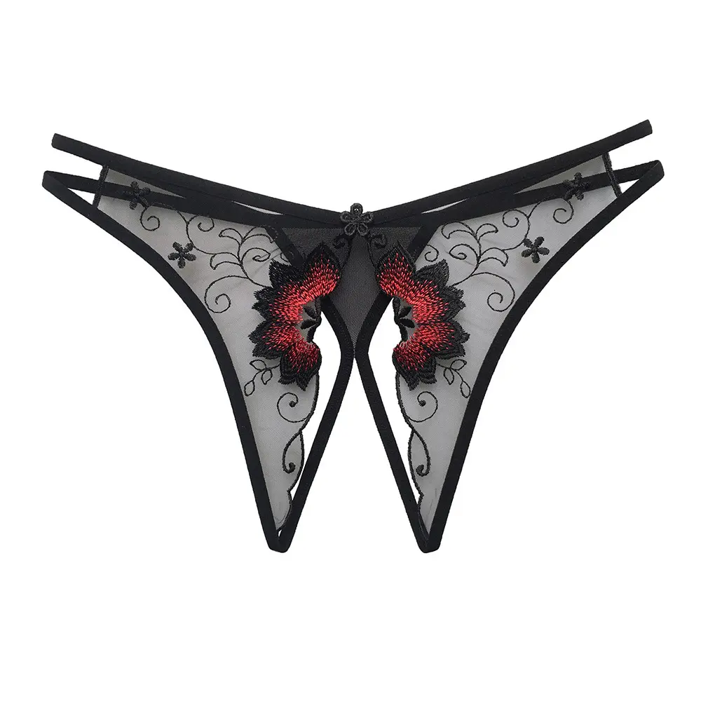 Lace Period Hot sell Open Crotch Embroidery Flower Sexy Thong Transparent Women's Panties