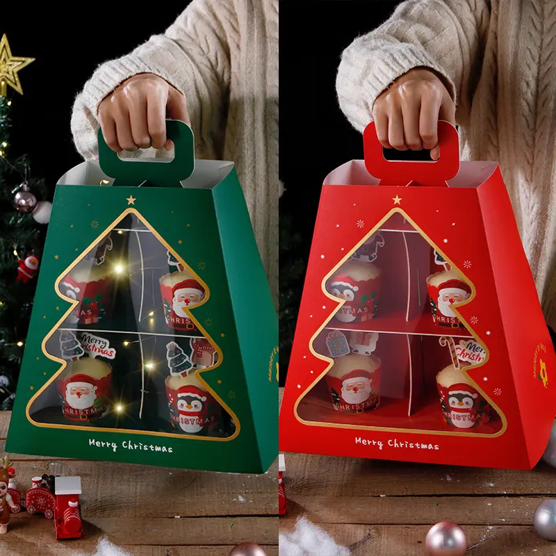 Kotak Kemasan Kue Cupcake Natal Menara Trapesium Ganda Kotak Kertas Kemasan Hadiah Meja Makanan Penutup Tanpa Cupcake Led