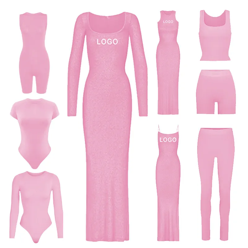 Individuelles LOGO Baumwolle gerippter Jersey rosa Kim Kardashian ganzkörperanzug Tank basic Dupes ärmelloses Kleid 2-teilig Marken-Sets für Damen