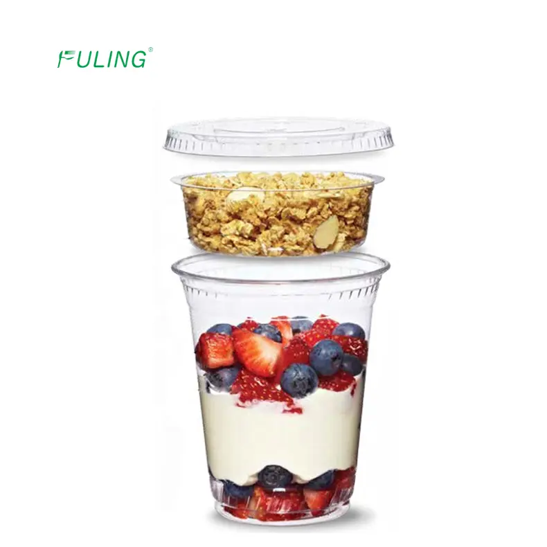 Bicchiere da deserto in plastica 9 tazze da 12 once in PET trasparente logo personalizzato tazze di parfait di yogurt congelato con inserto a scomparto singolo e coperchi 12 oz