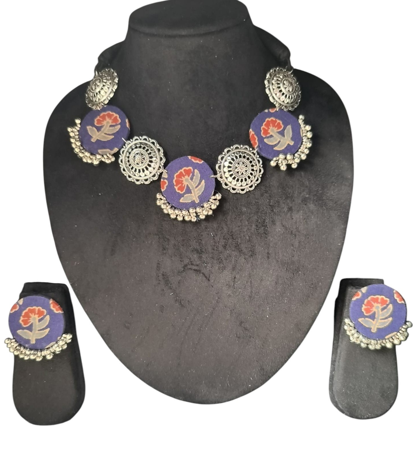 Navy Blue with Red-Orange Floral