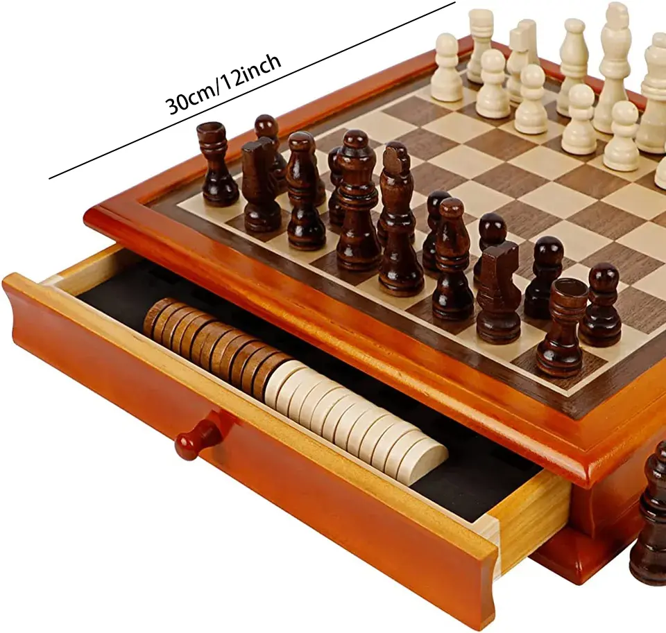 Ajedrez 2 en 1 con diseño de cajón de superficie de chapa, juegos de madera, juego de tablero de ajedrez con damas, juguetes educativos, ajedrez