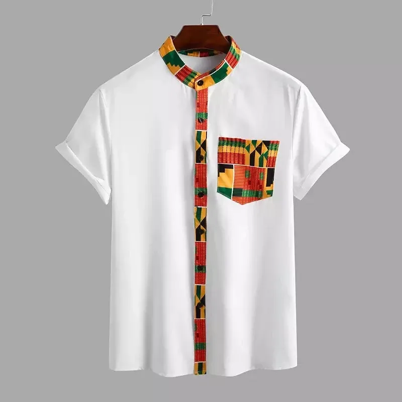 M-3XL African Kente T shirt Short Sleeves Men's Tee Dashiki Print Button Up Tops Fashion Ankara Patchwork Pocket Shirt 2024 Men