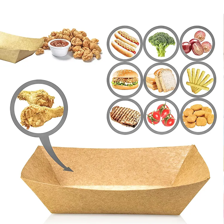 Plateau alimentaire en papier Kraft en forme de bateau, Logo personnalisé, utilisé pour les Hot-dogs, frites, poulet frit, salade de fruits