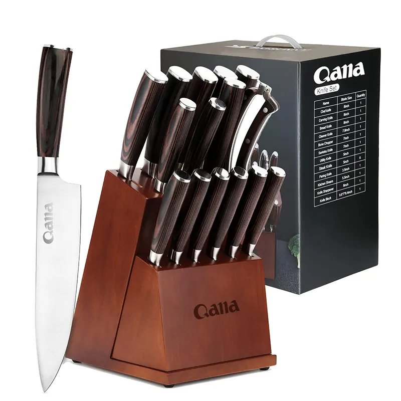 Campione gratuito QANA fabbrica all'ingrosso coltello in acciaio coltello da cucina giapponese damasco coltelli da cucina in acciaio inossidabile con blocco di supporto