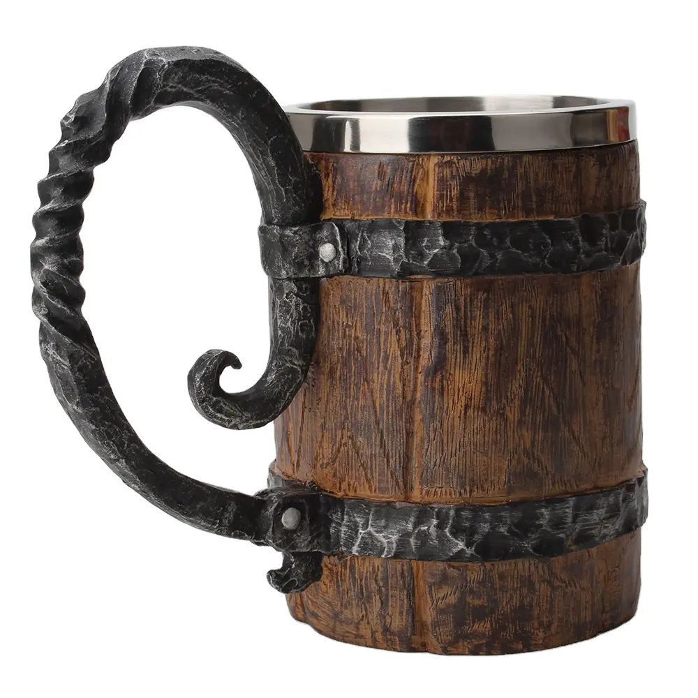 Wooden double wall barrel sublimation beer mug Large Capacity Barrel Beer Wood Tankard Cup Stainless Steel Mug with Handle
