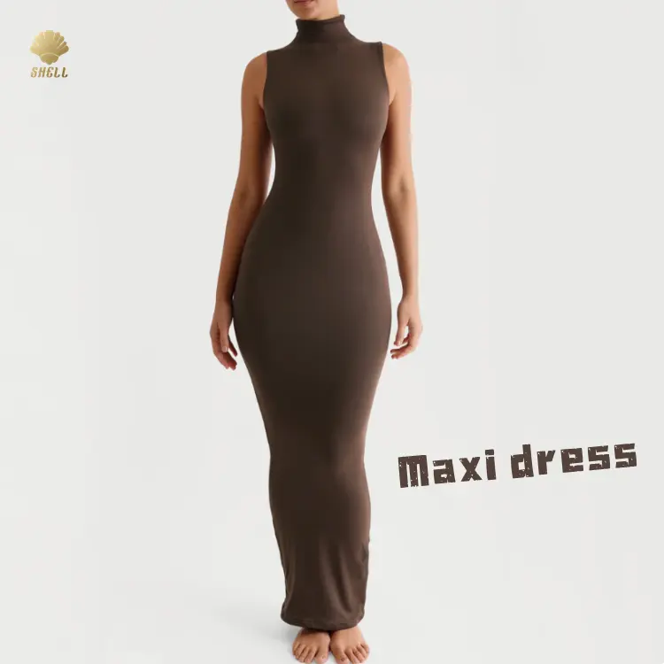 Luluxixiyaya Cuello alto Maxi Sin mangas Sexy Stretch Mini Slit Back Body Slim Fit Dress para mujer