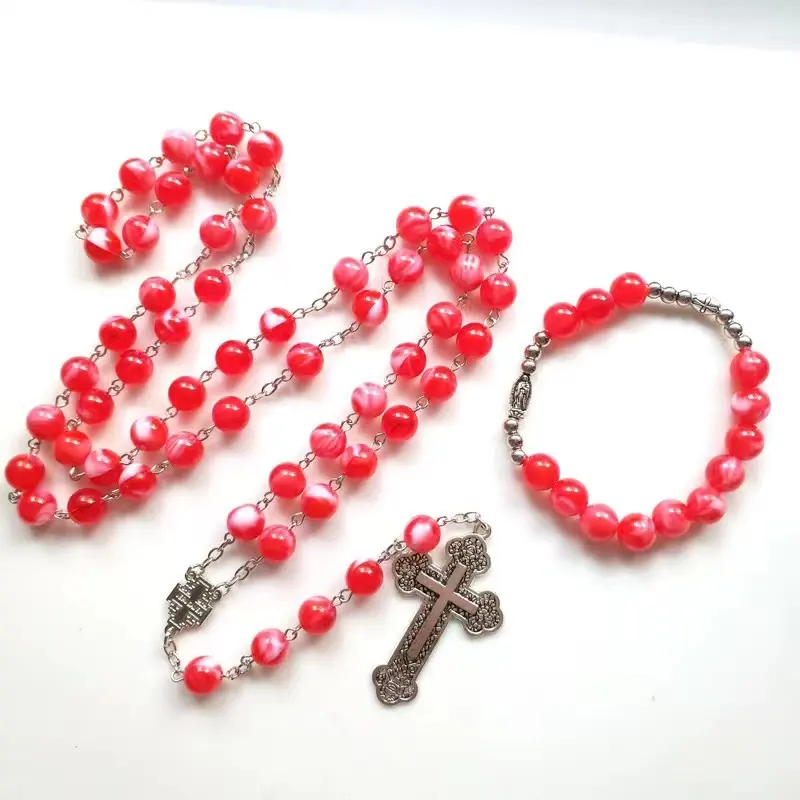 support custom red beads rosary neckalce and bracelet religious jewelry set
